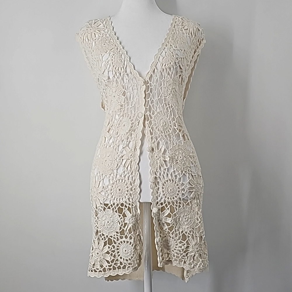 SMW Boho Crochet Cutout Open Knit‎ High Low Sweater Vest w Solid Back